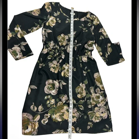 J.Crew Floral Gold Green Black Long Sleeve Cinched Waist Mini Dress Size 4 - Picture 3 of 10